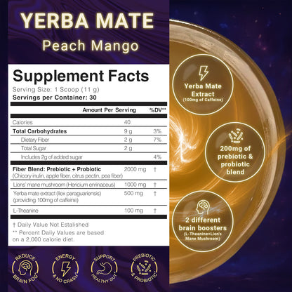 Yerba Mate Instant Tea Powder, 3-in-1 Super Drink for Clean Energy & Brain Fog Support, Prebiotic & Probiotic Drink for Gut Balance & Magic Mind – Yerba Mate Peach Mango 30 Servings