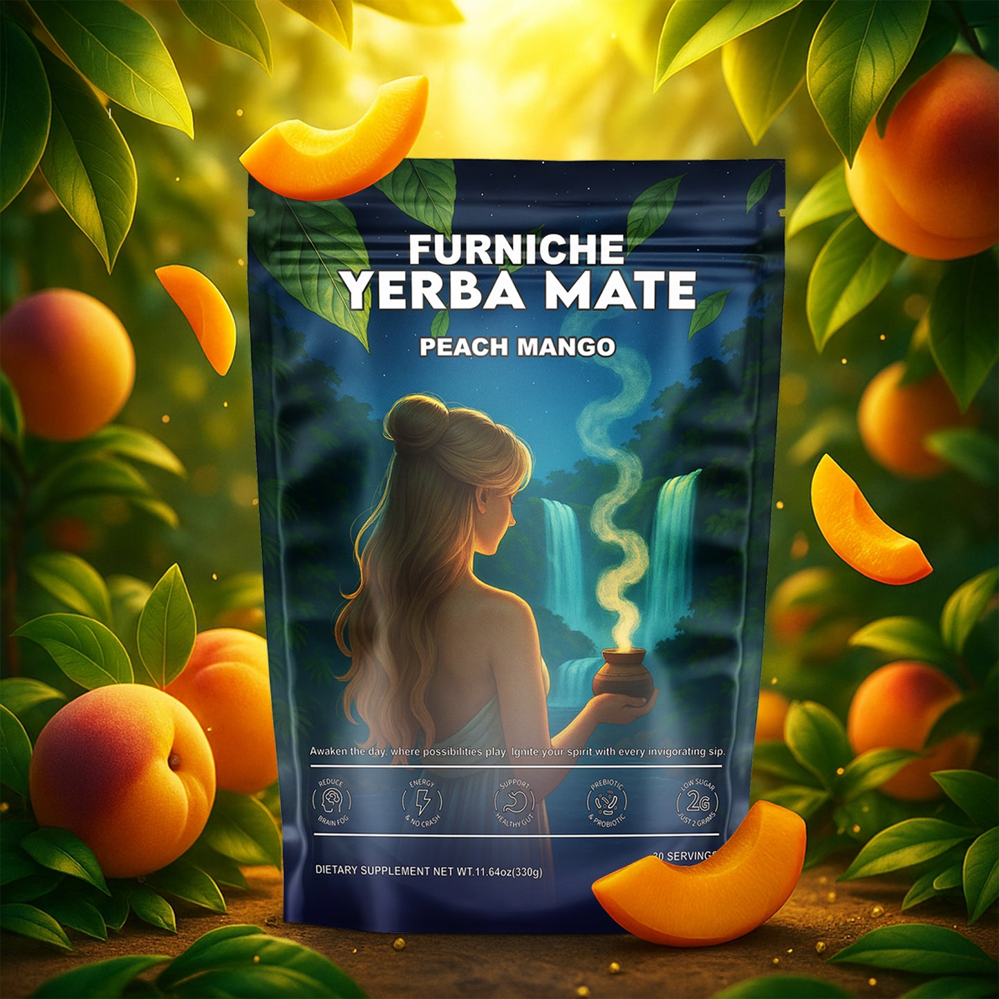 Yerba Mate Instant Tea Powder, 3-in-1 Super Drink for Clean Energy & Brain Fog Support, Prebiotic & Probiotic Drink for Gut Balance & Magic Mind – Yerba Mate Peach Mango 30 Servings