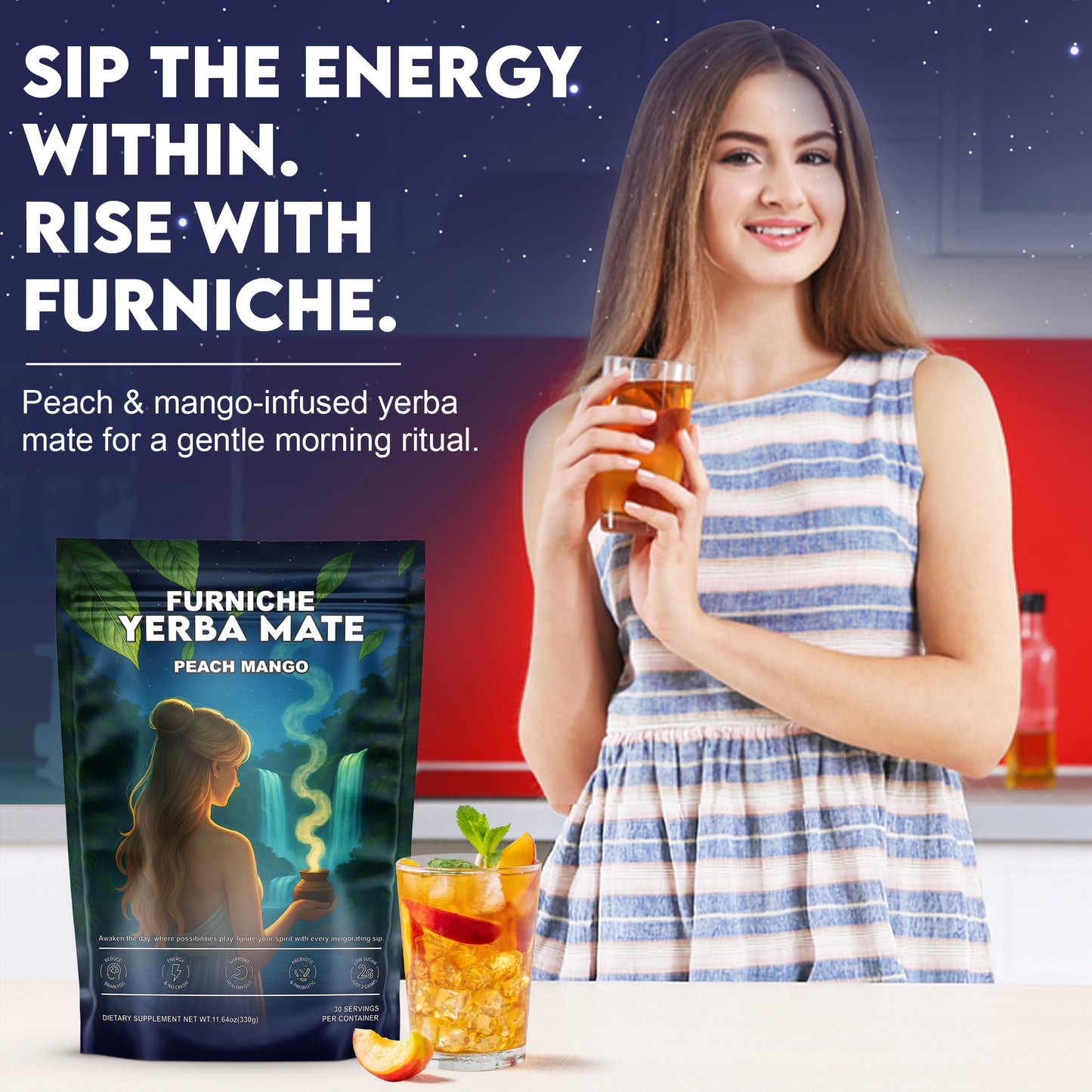 Yerba Mate Instant Tea Powder, 3-in-1 Super Drink for Clean Energy & Brain Fog Support, Prebiotic & Probiotic Drink for Gut Balance & Magic Mind – Yerba Mate Peach Mango 30 Servings