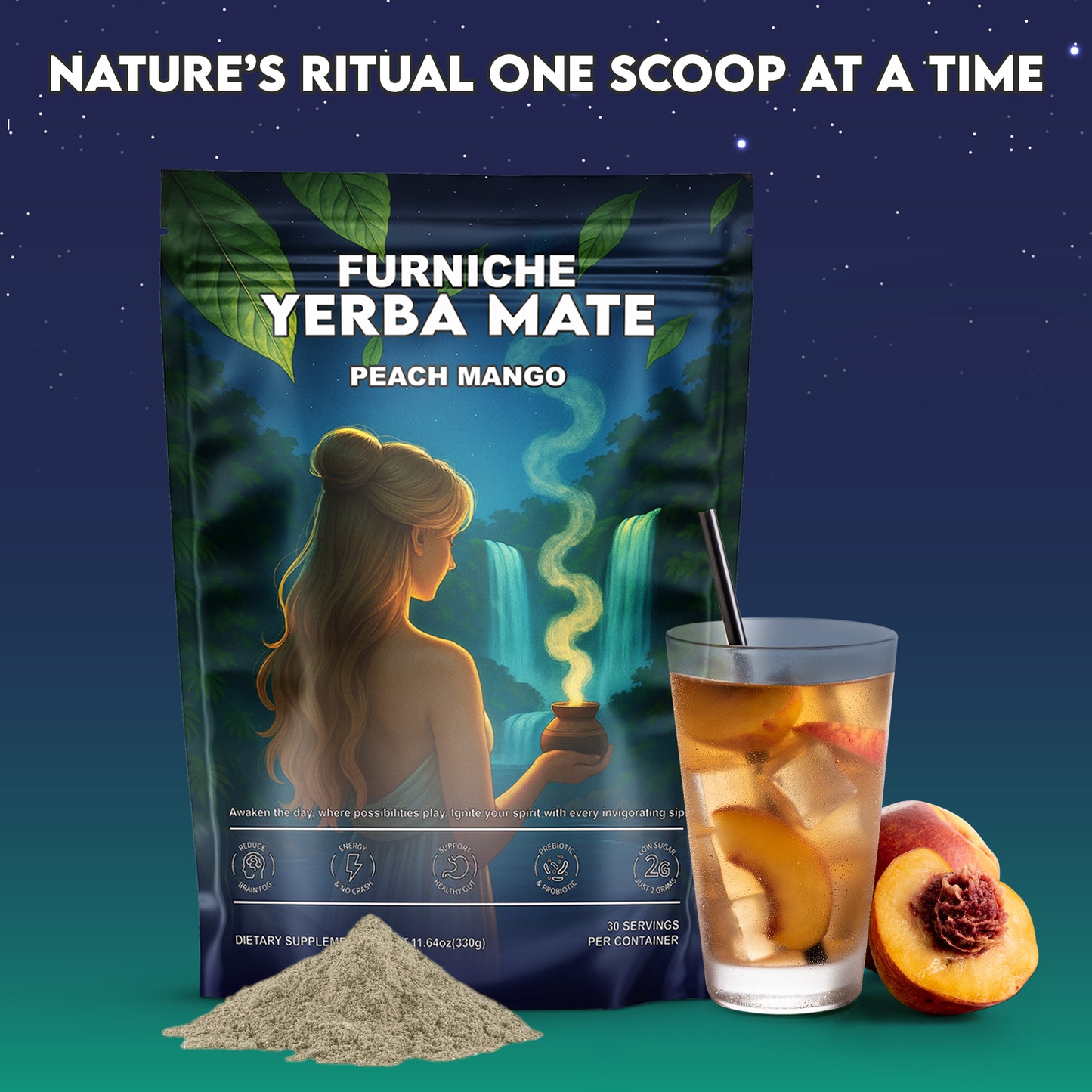 Yerba Mate Instant Tea Powder, 3-in-1 Super Drink for Clean Energy & Brain Fog Support, Prebiotic & Probiotic Drink for Gut Balance & Magic Mind – Yerba Mate Peach Mango 30 Servings